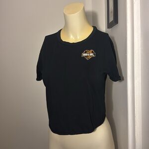 Garage size small graphic tee shirt black & orange top “ Long live rock n roll “